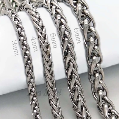 3/4/5/6MM 18-36"  MENS Silver Stainless Steel Wheat Braided Chain Necklace Link - Image 1 of 4