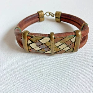 Armband Vintage Leder und geflochtene gemischte Metalle 8 Zoll - Bild 1 von 6