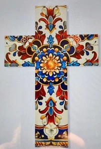 FLORAL Spanish Design (Flat Thin) WOOD CROSS Wall Decor 30x20x0.2cm  - Photo 1/2