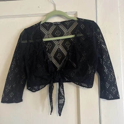 Y2K Whimsigoth Black Crochet Lace Crop Top Women’s M Tie Front Stretch Sheer - Image 1 of 4