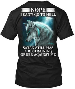 Camiseta Wolf Satan Restraining Order Back Nope Can't Go To Hecha en EE. UU. S-5XL - Imagen 1 de 3