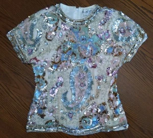 Vtg Oleg Cassini Black Tie Sz S Shirt Beaded Paisley Pastels Zip Back Silk Rayon - Picture 1 of 15