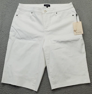 NYDJ Bermuda Shorts Women's 10 White Denim Frayed Hem Flat Front 5-Pocket Design - Image 1 of 4