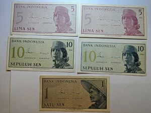 1964, 1,5 & 10, Sen Indonesia Lot of 5 UNC / or High Grade Value Banknotes-16 - Picture 1 of 7
