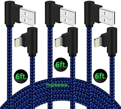 20 PACK 6ft 90 Degree Angle Fast Charging Cable Quick Charger Charge Data Cord - Image 1 of 4