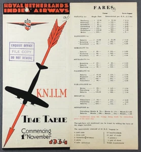 KNILM ROYAL NETHERLANDS INDIES AIRWAYS AIRLINE TIMETABLE NOVEMBER 1934 - Picture 1 of 2