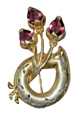 REJA Signed 1940s Floral Tulip Sterling Gold Wash Amethyst Brooch Pin DEJA - Image 1 of 4