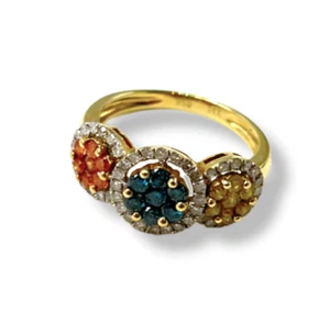 14k Gold Blue, Orange and Yellow Treated  Diamonds Ring Size 6 - Picture 1 of 5