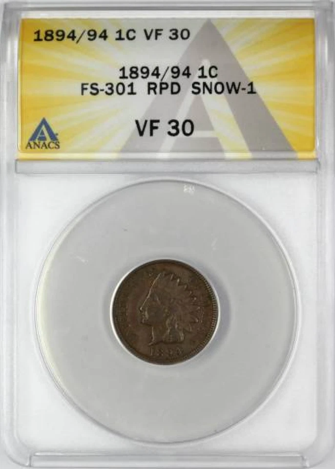 1894/1894 ANACS VF30 The Big One RPD-1 Snow-1 Ultra-Choice Indian Cent EDS 1C PQ - Image 1 of 3