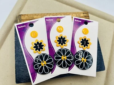 3 Cards Novelty Buttons Yellow & Black Daisy Blumenthal Lansing Sewing Crafts - Image 1 of 4