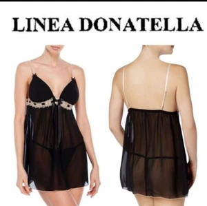 Linea Donatella 2 Pc Baby Doll Black Sexy Sheer Lingerie Lace LARGE NWT  - Picture 1 of 12