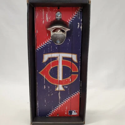 Wall Mounted Bottle Opener-MINNESOTA TWINS-Plaque Wood Sign Bar Mount Wall MLB - Image 1 of 3