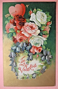 1910 "To My Valentine" Postcard with Multicolored Roses, Heart & Cupid's Arrow - Picture 1 of 2