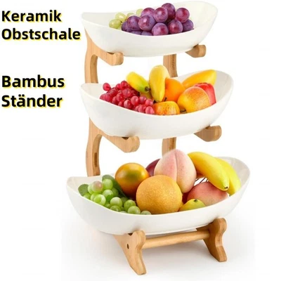 Obst Etagere Keramik 3 Stöckig Obstschale Obstkorb mit Bambu Ständer Küche Weiß - Bild 1 von 4