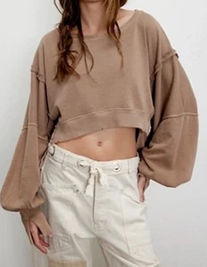 Free People Beige Camden Cropped Knit Thermal Long Blouson Sleeve We The Free XL - Picture 1 of 19