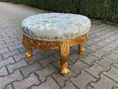 Banco escabelo otomano poof redondo Luís XVI folha de ouro assento francês tufado - Imagem 1 de 4