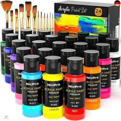 Nicpro 24 Farben Acrylfarbe Set (60 ml×24) mit 12 Pinsel, ungiftig Kunst  - Bild 1 von 4