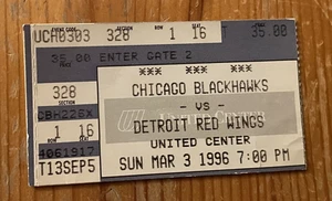 Talón de boleto 3/3/96 BLUES/BLACKHAWKS-STEVE YZERMAN 1 GOL/1 ASISTENCIA - Imagen 1 de 1