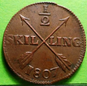 XF, SUECIA - Gustavo IV Adolfo, 1807, 1/2 Habilidad, Cobre. - Imagen 1 de 2