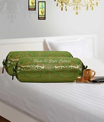Green Bolster Cover Bolster Cover Brocade Jacquard Gypsy Tribal Hippie Pillow - Image 1 of 4