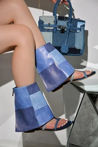 New Womens Denim Patchwork Fold-Over Gladiator Boho Flat Sandal Open Toe T-Strap - Picture 1 of 5