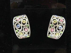 Vntg Clip-On Earrings Silver Tone Curved Filagree Clear, Pink, Blue 12 Crystals - Picture 1 of 2