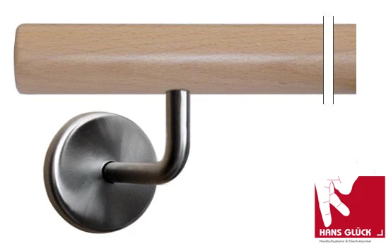 Handlauf Geländer Treppe 1m Länge in Buche mit 2 Edelstahlhaltern„Montagefertig“