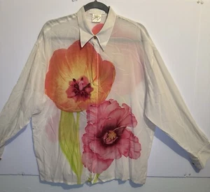 BLOUSE Escada Cream Pink Bold Flower Silk Blouse Size 42 / Small - Picture 1 of 14