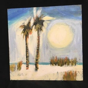 Original Miniature Art Pastel Beach With Palm Trees Signed - Picture 1 of 9
