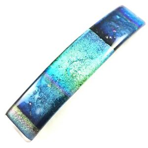 Dichroic GLASS Barrette Green Gold Blue Rainbow Stripe 3.5" 90mm Large Hair Clip