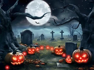 Illumina zucca Jack-o-Lantern Halloween cimitero luna piena 7x5 piedi sfondo NUOVO - Foto 1 di 5