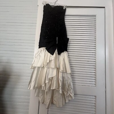 Vintage  Prom Gown 70s Union Made USA 5/6 Strapless Satin Mermaid Sequin Black - Image 1 of 4