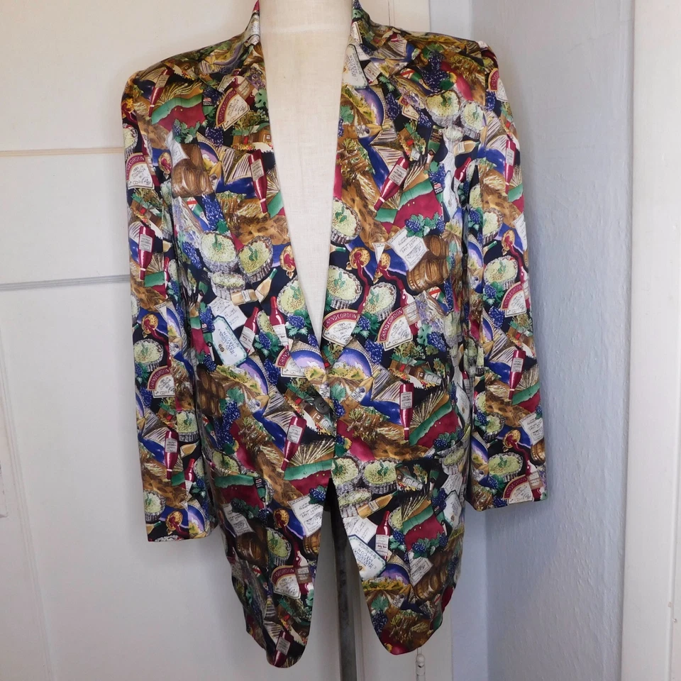Blazer de seda vintage anos 90 NICOLE MILLER feminino tamanho M festa pop art estampa de vinho por toda parte - Imagem 1 de 4