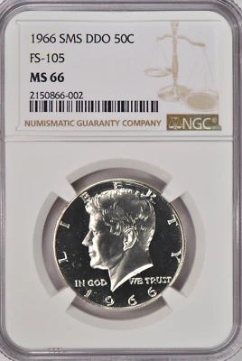 1966 SMS Kennedy Half Dollar NGC MS 66 SP66 DDO FS-105 Variety Coin 50C - Image 1 of 2