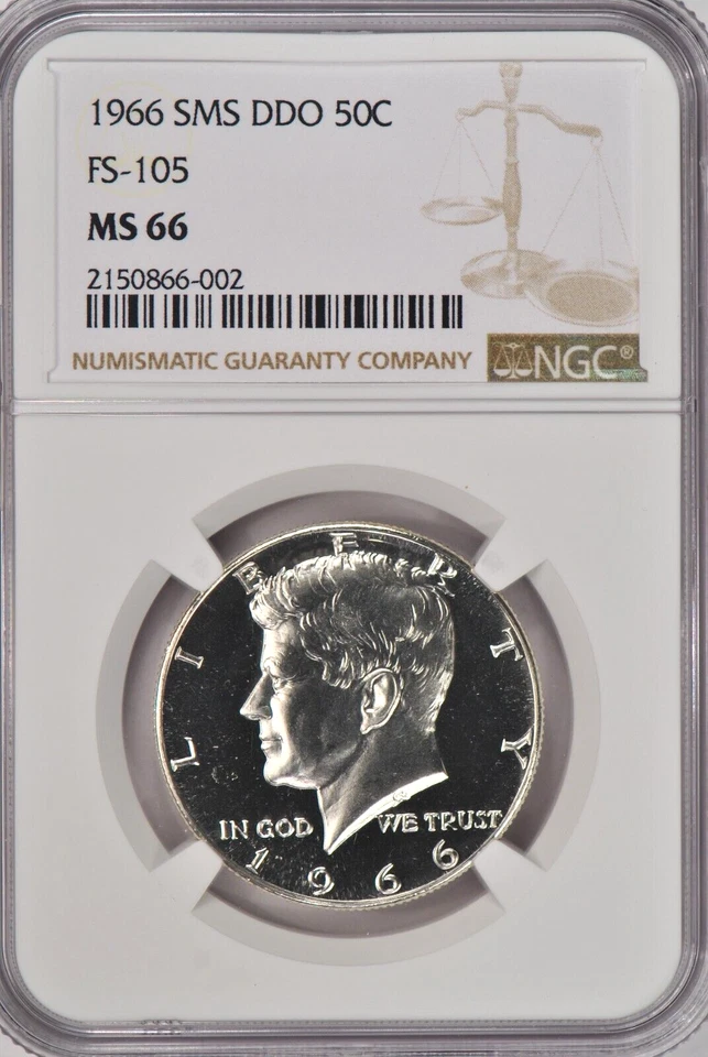1966 SMS Kennedy Half Dollar NGC MS 66 SP66 DDO FS-105 Variety Coin 50C - Image 1 of 2