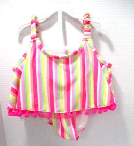Betsey Johnson Bathing Suit Girls Size 12 Striped 2-Piece Pink Pom-Poms Beach - Picture 1 of 8