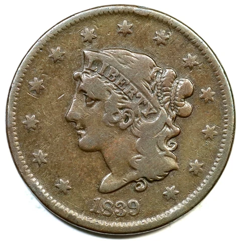 1839 N-13 R-2 Booby Head Matron or Coronet Head Large Cent Coin 1c Cover