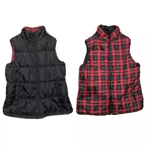 Merona Women's Reversible Vest Jacket Size L Coat Plaid Checks Black Red Zip - Picture 1 of 12