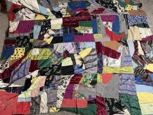 Vintage Handmade Crazy Quilt  1950s Satin 76in X 82in Embroidered Double Sided - Picture 1 of 16