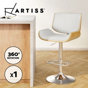 Artiss Bar Stools Kitchen Dining Chairs Gas Lift Stool Wooden Leather White - Picture 1 of 11