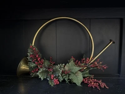 Vintage Faux Brass French Horn Christmas Holiday Holly & Berries Decoration - Image 1 of 4
