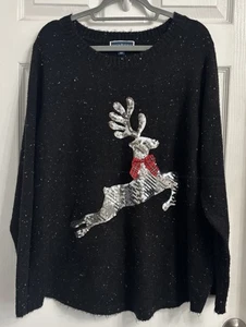 Karen Scott Black Knit Holiday Sweater Size 2X Pullover Sequins Reindeer Xmas - Picture 1 of 5