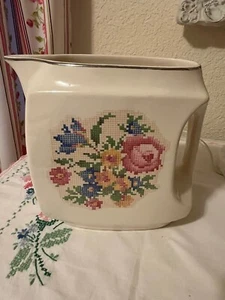 Vtg Harker Ivory Needlepoint Roses Print Rectangular Pitcher Lovely Please Read - Picture 1 of 13