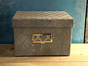 Grubby Primitive Tea Stained Fabric Covered Box Blue Gray Gold color 10" x 7 1/2 - Picture 1 of 24