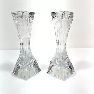 MIKASA Lead Crystal Art Deco City Lights 7” High Candle Holder SET OF 2 Vintage - Picture 1 of 6
