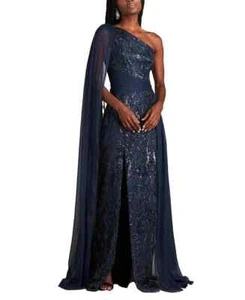 Tadashi Shoji Royal Navy Blue Cape One-Shoulder Sequin Floral Gown Size 8 $718 - Picture 1 of 3