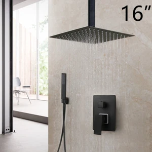 16" Ceiling Mount Black Rain Shower Head 2-Way Mixing Valve Hand Shower Tap Set - Picture 1 of 10
