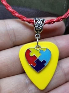 Autism Awareness Heart Charm on Yellow Guitar Pick Necklace on Red Braided Cord - Picture 1 of 3