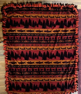 Throw Blanket 2 Layer Fleece Log Cabin Outdoors  Hand Tied No Sew 54" x 60" - Image 1 of 4