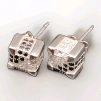 3D Square Cube Clear & Black CZ Pave Stud Earrings Real 925 Sterling Silver - Image 1 of 4